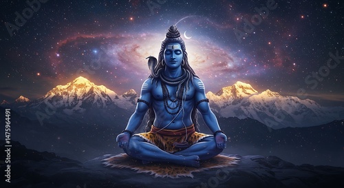 Lord Shiva in Deep Meditation amidst Himalayan Peaks and Celestial Wonders