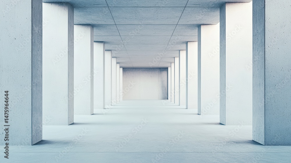 Obraz premium Concrete pillars create a modern and sleek aesthetic in a futuristic empty space, illuminated by soft shadows