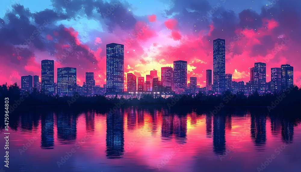 Fototapeta premium Vibrant cityscape at sunset, reflected in calm water, showcasing a colorful sky and city lights