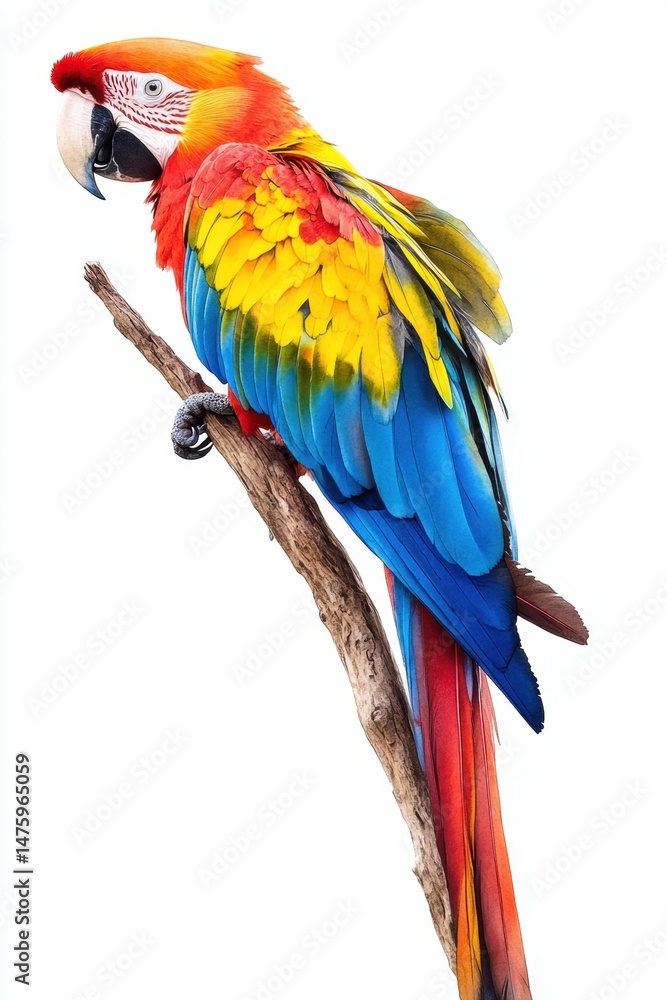Fototapeta premium Scarlet Macaw Parrot on Branch, Vibrant Tropical Bird on White Background