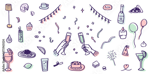 Hand drawn illustrations of restaurant meals and parties. Food for holidays and anniversaries. Food and drinks for dinners and lunches.