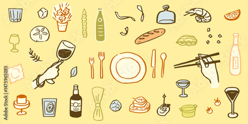 Hand drawn illustrations of restaurant meals and parties. Food for holidays and anniversaries. Food and drinks for dinners and lunches.