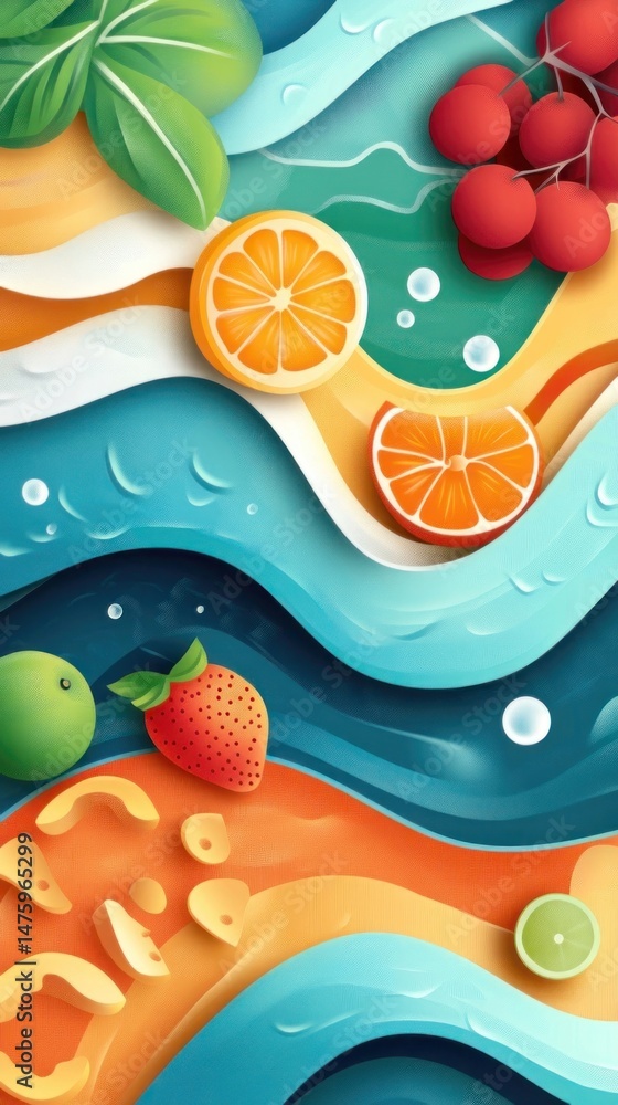 Stylized oranges and strawberries with abstract wavy shapes Stylized oranges and strawberries with abstract wavy shapes