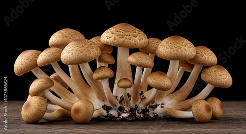 Cluster of Wild Mushrooms on a Wooden Surface
