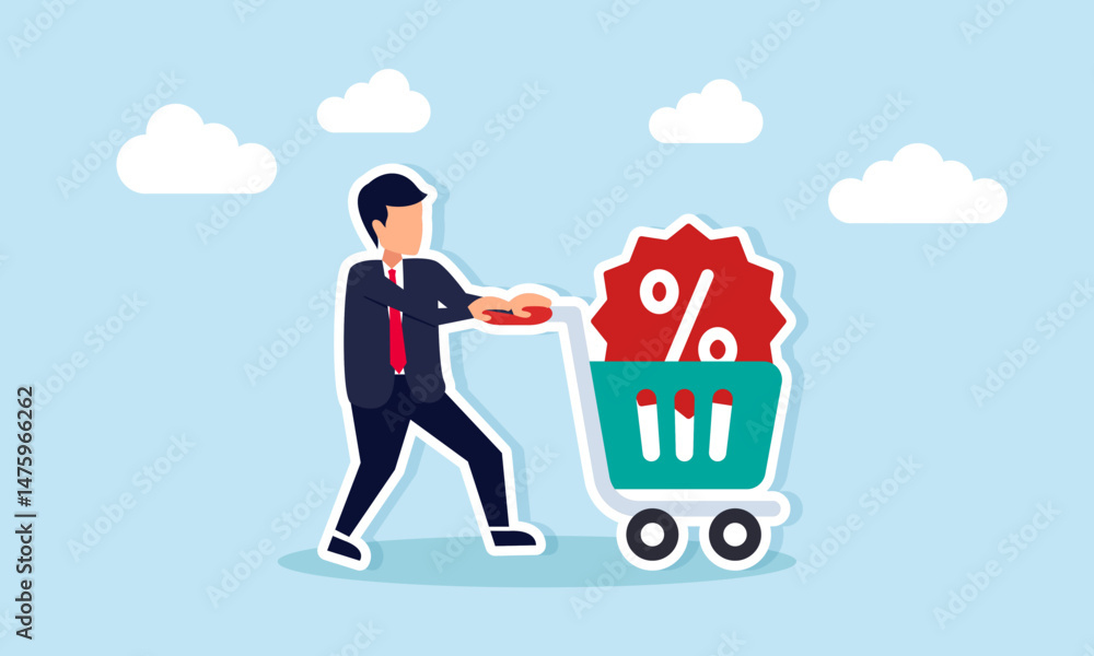 Businessman Pushing Shopping Cart Filled with Percent Sign Representing Maximizing Business Promotions Businessman Pushing Shopping Cart Filled with Percent Sign Representing Maximizing Business Promotions