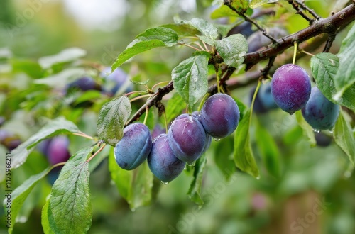 Wallpaper Mural Fresh and Juicy Plums on a Tree Branch Surrounded by Green Leaves with Water Droplets Glistening in the Light of a Clear Day Torontodigital.ca