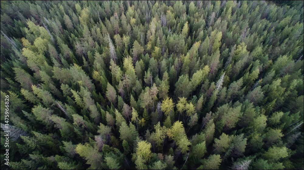 Fototapeta premium High-angle view of a dense coniferous forest canopy.