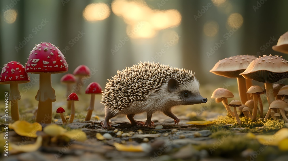 Fototapeta premium Woodland creature amidst autumnal fungi.