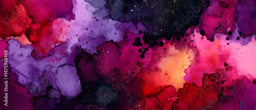 Artistic abstract red, purple, and black watercolor ink texture background with gold speckles, suitable for website banners, fashion prints, advertising material, and graphic design.