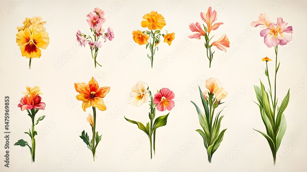 Obraz premium A collection of colorful floral illustrations set against a light background.