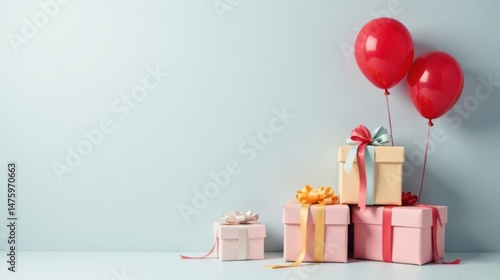 A festive arrangement of pastel-colored gift boxes adorned with elegant ribbons and two vibrant red balloons against a soft blue backdrop.