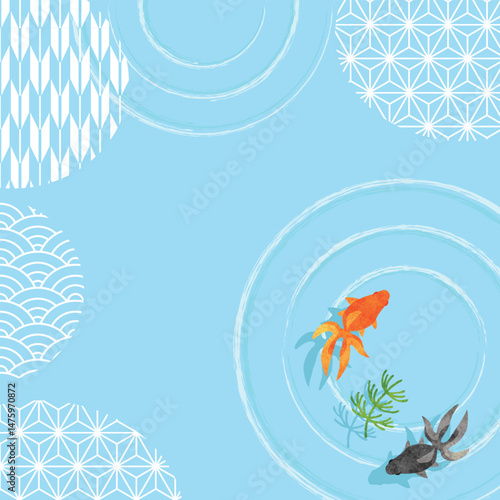 上から見た金魚と波紋の背景イラスト　正方形