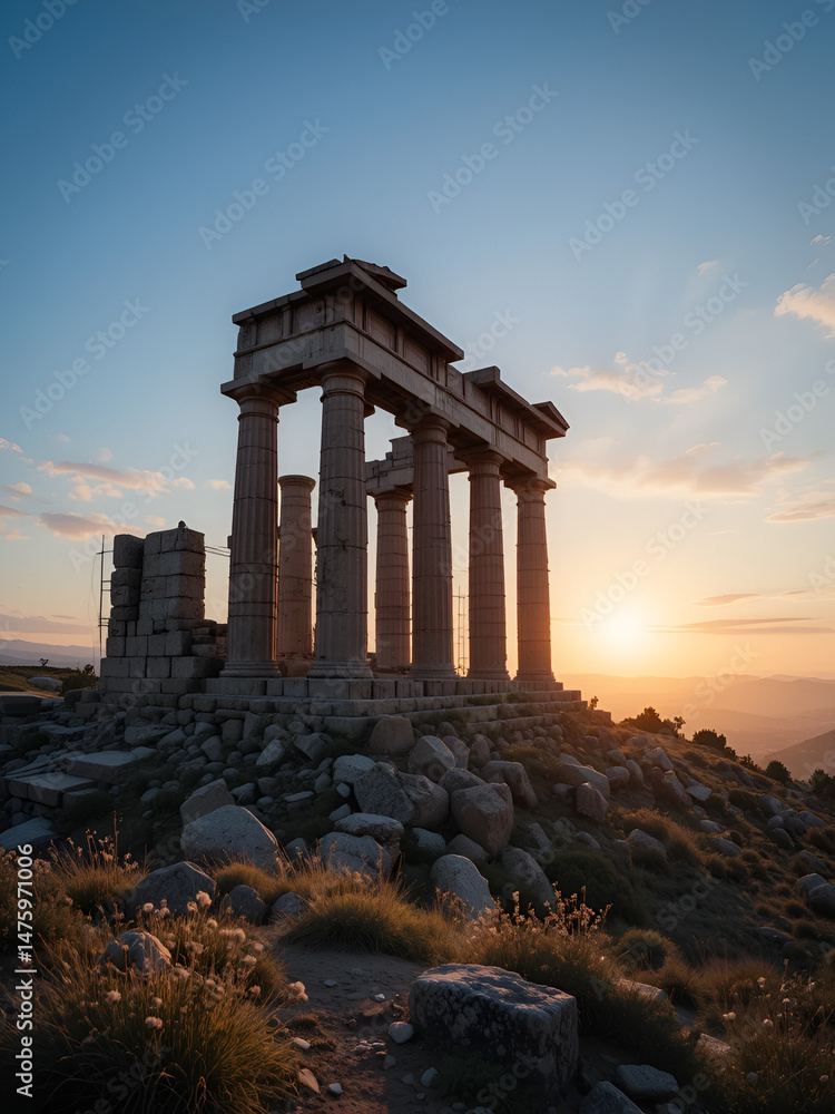 Fototapeta premium The ruins of an ancient temple stand on a hill on a sunset