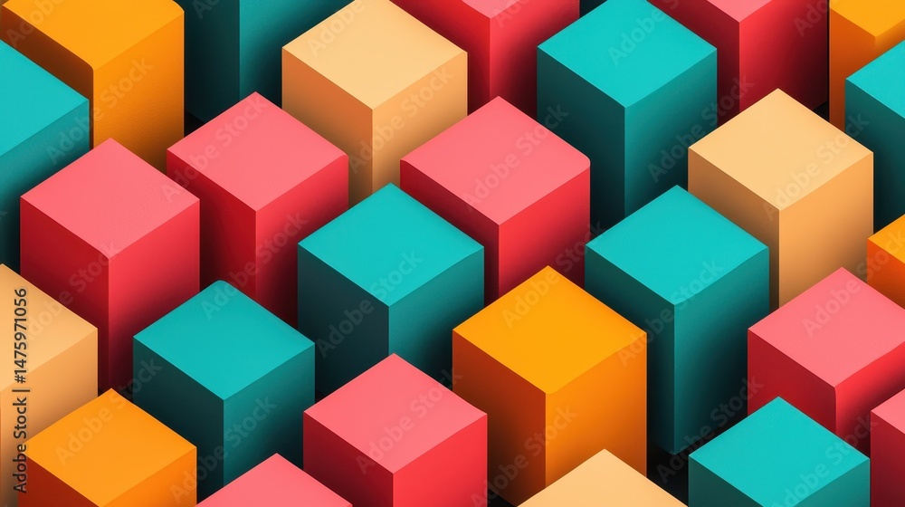 Colorful geometric cubes arranged in a patterned layout with vibrant hues of pink, orange, and teal tones Colorful geometric cubes arranged in a patterned layout with vibrant hues of pink, orange, and teal tones