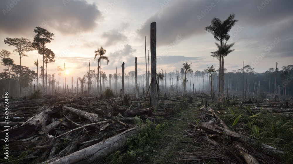 Sunrise over a ravaged tropical forest landscape. Sunrise over a ravaged tropical forest landscape.