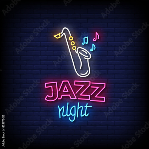 jazz night neon sign with brick wall background vector