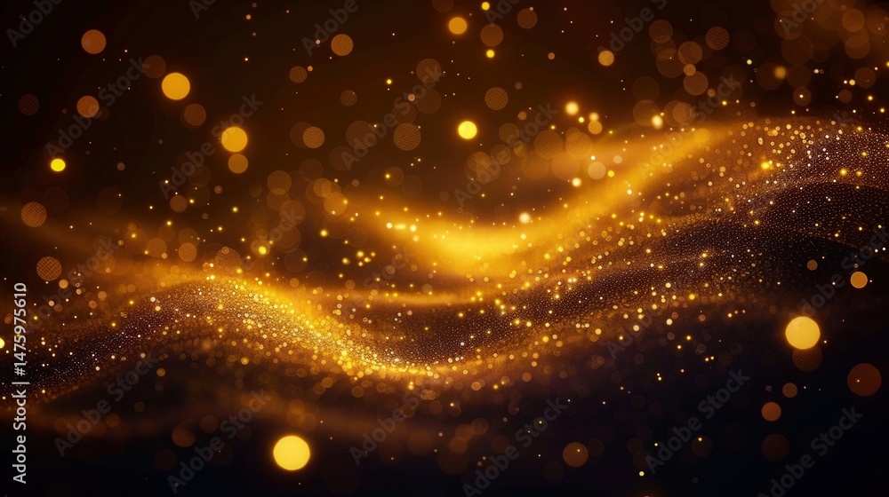 Obraz premium A mesmerizing display of golden bokeh lights creating an abstract, flowing wave on a dark background.