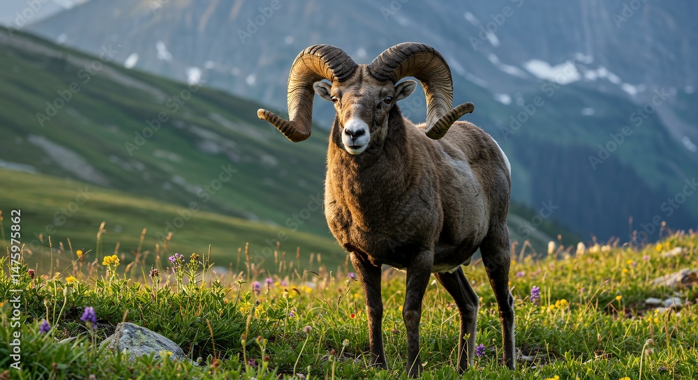 Fototapeta premium Bighorn sheep in a mountain meadow
