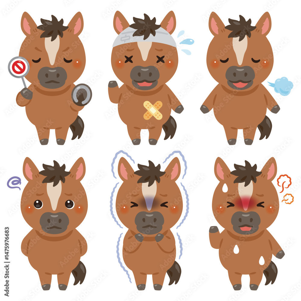Obraz premium 様々な状態のウマのキャラクターイラストセット
