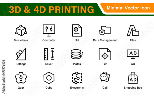 3D and 4D Printing Icons – Outline, Vector, and Line Art Illustrations for Printing Tech, Prototyping, Design, Engineering, and Innovation Projects