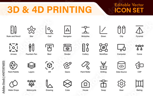 3D and 4D Printing Icons – Outline, Vector, and Line Art Illustrations for Printing Tech, Prototyping, Design, Engineering, and Innovation Projects