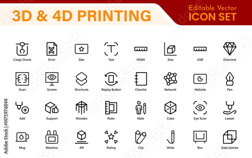 3D and 4D Printing Icons – Outline, Vector, and Line Art Illustrations for Printing Tech, Prototyping, Design, Engineering, and Innovation Projects