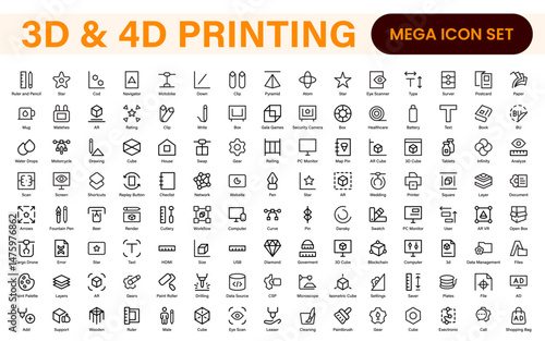 3D and 4D Printing Icons – Outline, Vector, and Line Art Illustrations for Printing Tech, Prototyping, Design, Engineering, and Innovation Projects