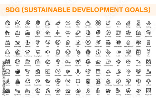 Modern Green Technology Sustainability Icons – Outline, Line Art, and Vector Illustrations for Clean Energy, Recycling, Nature Conservation, and Digital UI