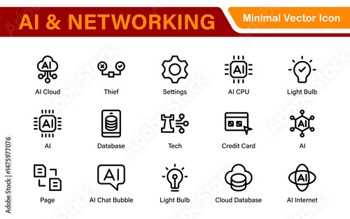 Artificial intelligence and Networking technology icon set. AI and networking editable line icon illustration.