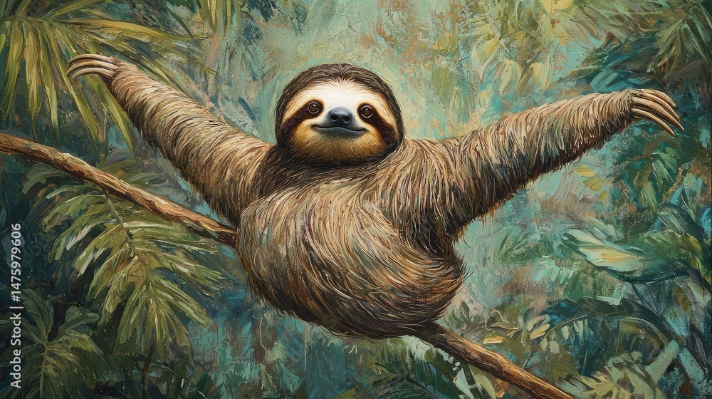 A sloth slowly and gracefully performing a cha-cha on a branch, surrounded by lush greenery. A sloth slowly and gracefully performing a cha-cha on a branch, surrounded by lush greenery.