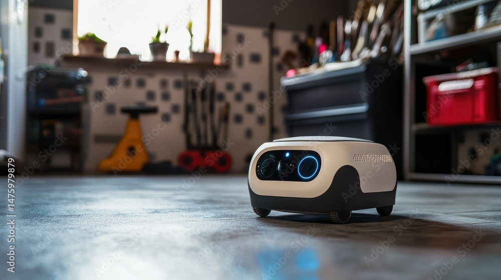 A small AI robot helping to clean the garage, organizing tools and sweeping the floor with a neat precision. A small AI robot helping to clean the garage, organizing tools and sweeping the floor with a neat precision.