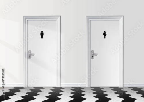 3d realistic vector illustration. Bathroom toilet room interior with two white door and sign ladies and gentelmens toilet.