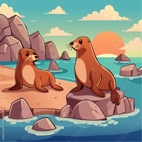 Cute Sea Lions Sitting on Rock Near Shore Vector Image