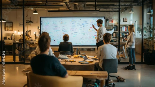 Team brainstorming in a modern office with a digital presentation screen.