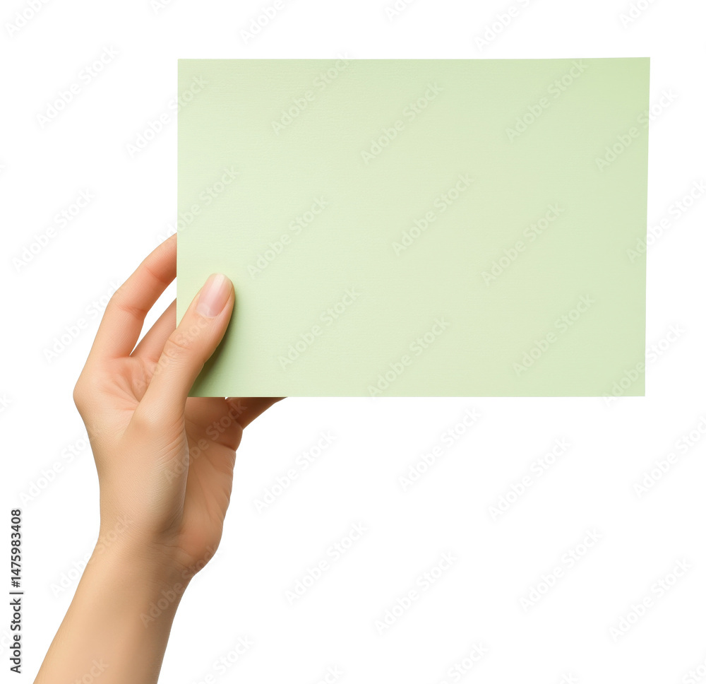 Obraz premium Hand holding a blank light green sheet of paper, isolated on a transparent background