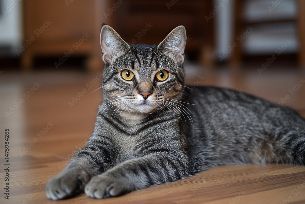 Obraz premium A cute gray tabby cat with yellow eyes lying on the wooden floor, looking at the camera, with a blurred background of a home interior. generative ai