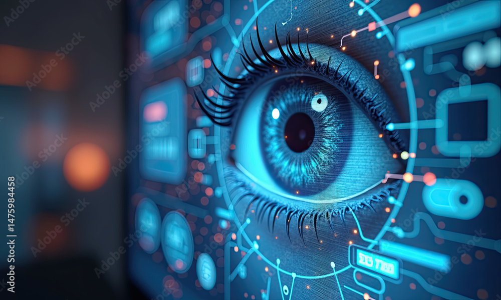 Fototapeta premium Futuristic Eye Biometric Scan Interface - AI & Machine Learning