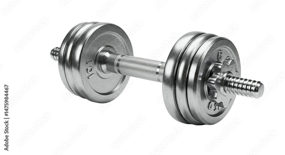 A chrome dumbbell with adjustable weights on a black background in a studio setting close up view A chrome dumbbell with adjustable weights on a black background in a studio setting close up view