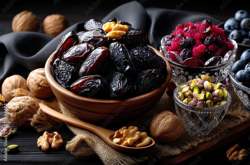 Fresh Dates and Mixed Berries with Nuts on a Rustic Table with Dark Background for a Healthy Snack or Dessert Concept Fresh Dates and Mixed Berries with Nuts on a Rustic Table with Dark Background for a Healthy Snack or Dessert Concept