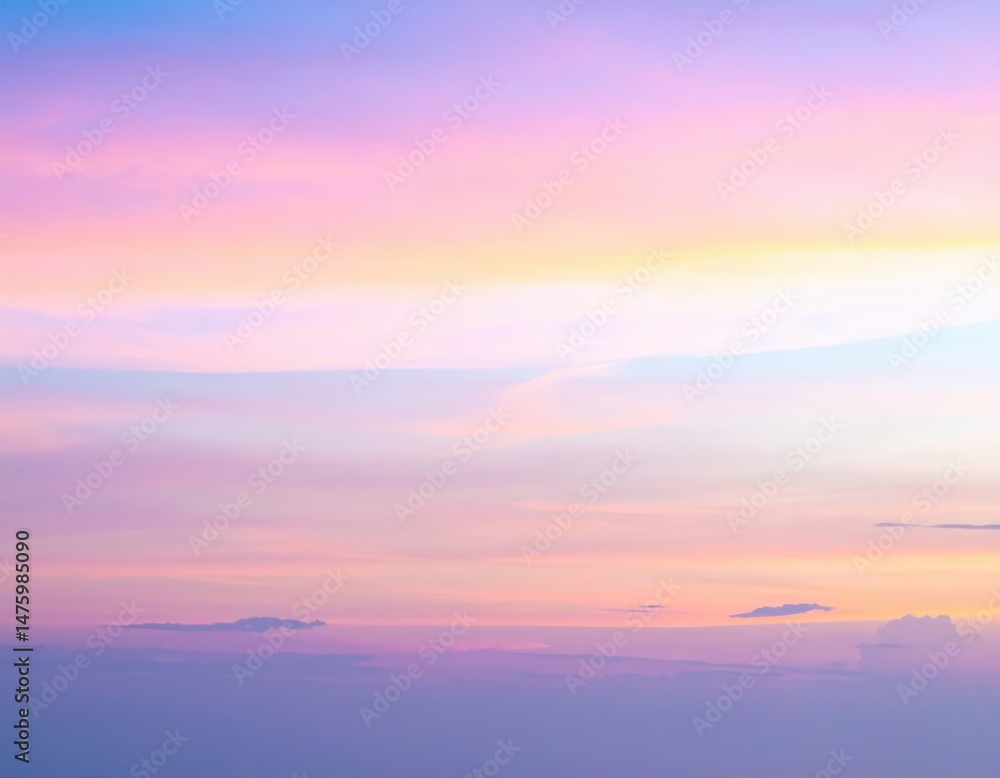 Fototapeta premium A vibrant sunset sky painted in hues of orange, pink, and purple, adorned with fluffy white clouds drifting lazily across the horizon.