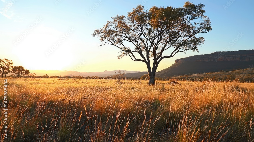 Fototapeta premium A soft, golden sunset over a quiet meadow with tall grass, highlighting the strong, majestic tree standing in the middle.