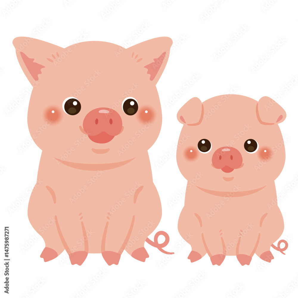お座りしたブタの親子イラスト2 お座りしたブタの親子イラスト2