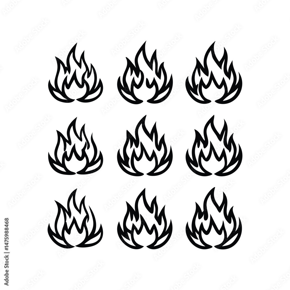 Nine Simple Outline Flame Illustrations Repeating Grid Pattern Nine Simple Outline Flame Illustrations Repeating Grid Pattern