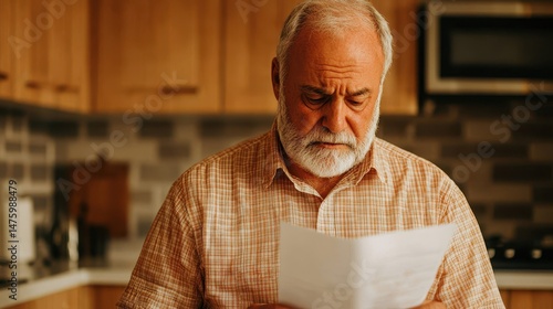 Concerned senior man reading important document in modern kitchen setting with warm lighting