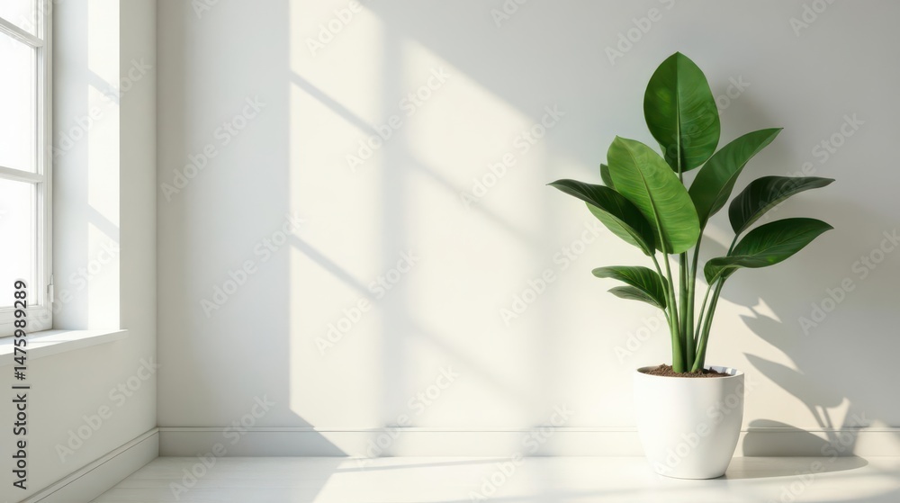 Fototapeta premium Serene Minimalist Room Decor Lush Green Plant in a Modern White Pot Basking in Sunlight by a Window