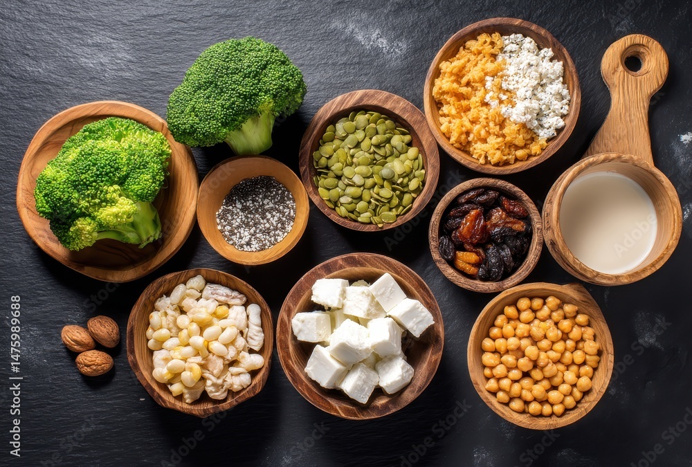 Fresh Ingredients for Healthy Cooking with Broccoli, Nuts, Seeds, Cheese, and Grains on Dark Background for Culinary Inspiration and Nutrition Fresh Ingredients for Healthy Cooking with Broccoli, Nuts, Seeds, Cheese, and Grains on Dark Background for Culinary Inspiration and Nutrition