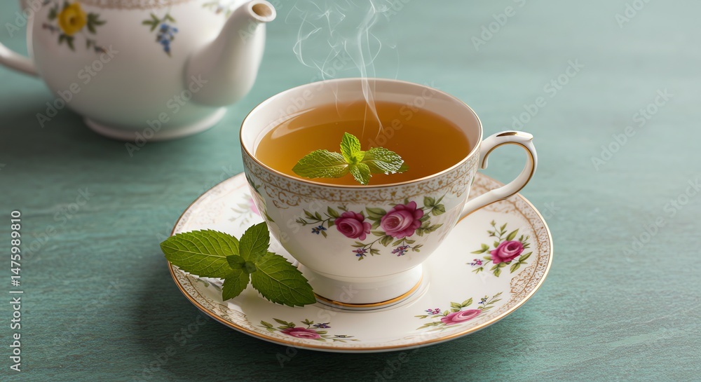 Cup of Tea with Mint and Teapot Cup of Tea with Mint and Teapot