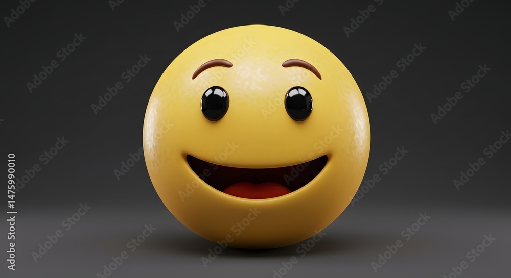 Fototapeta premium Smiling Yellow Face Emoji on Dark Background Happy Expression