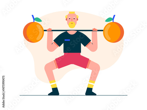 Grandpa is lifting weights, exercise in old age to stay healthy. Healthy life illustration. Flat vector illustration concept