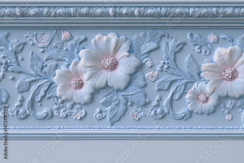 Ornate floral border design in light blue and soft pink.